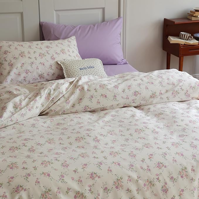 EAVD Vintage Style Pink Purple Floral Duvet Cover King Soft White Soft Cotton Chic Garden Floral Bedding Set with 2 Pillowcases Reversible Floral Print Comforter Cover with Zipper Closure
