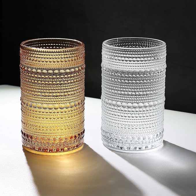 Hobnail-Drinking Glasses 13oz Vintage Glassware Sets Cocktail Juice Glasses Set of 6, Amber