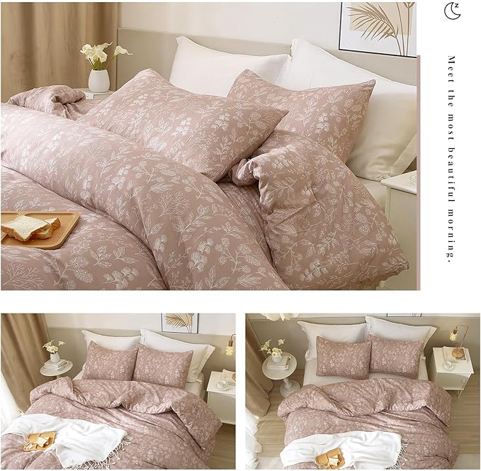 EAVD Vintage Style Garden Dust Pink Floral Duvet Cover King Soft Cotton Chic Cute Floral Bedding Set with 2 Pillowcases Reversible Botanical Duvet Cover with Zipper Closure