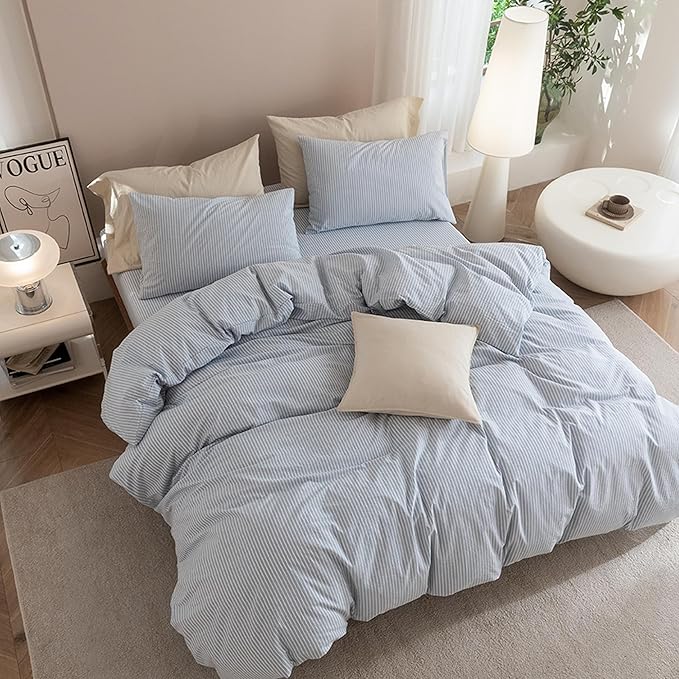 JIYUAN 100% Washed Cotton Striped Duvet Cover Set 3 Pieces King, 1 Duvet Cover and 2 Pillowcases(Comforter Not Included),Linen Like Comfy and Breathable,Pinstripes - Heathered Cornflower Blue White