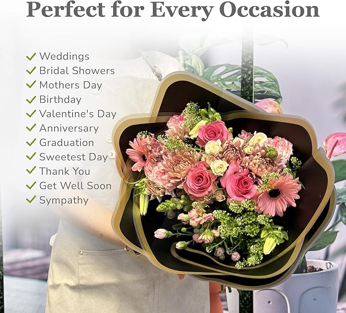 the florist Supply 20 Sheets Premium Flower Wrapping Paper | Waterproof Flower Wrapping Paper for Bouquets | Double Sided Floral Bouquet Sheets | DIY Gifts Rocio Black/Gold