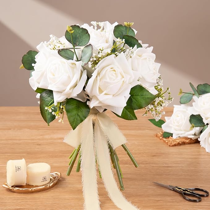 DORIS HOME 1" x21Yd Chiffon Ribbon for Flower Bouquet, Ivory Fabric Ribbon for Gift Wrapping, Handmade Frayed Ribbon for Wedding Invitations/Christmas Decorations
