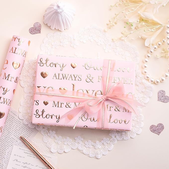 RUSPEPA Wedding Wrapping Paper Roll, Mini Roll, 17 Inches x 16.5 Feet, Pink Rose Gold Foil Ring Design, Perfect for Wedding, Bridal Shower, Anniversary