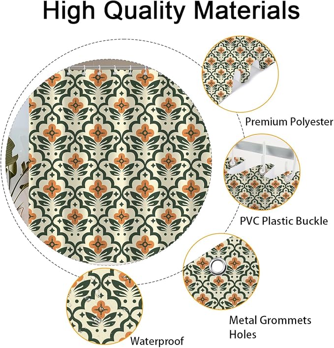 Vintage Boho Floral Shower Curtain，Mid Century Modern Abstract Orange Green Bathroom Curtain，Polyester Fabric Waterproof Bath Curtains 72x84 Inch with 12 Hooks
