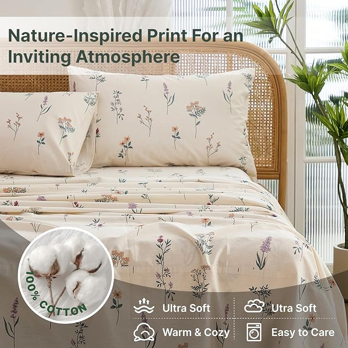 Cream Floral Sheets Set King Size 100% Cotton, 4 Pieces, Soft & Breathable Percale Weave Bedding, Deep Pocket 17.5", Crisp Cool Feeling, Durable, Perfect Cute Floral Bed Sheet