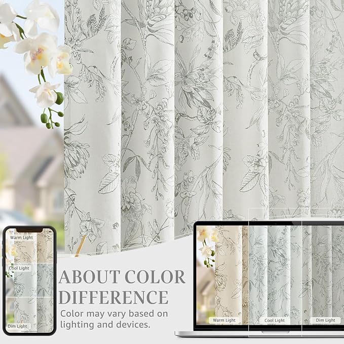 jinchan Floral Curtains 63 Inch Length Charcoal Grey Flower Linen Farmhouse Curtain for Living Room French Country Vintage Curtain Rod Pocket Curtains Set 2 Panels Gray Floral Printed