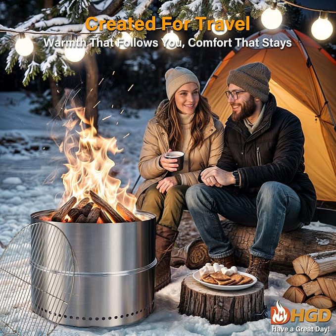 HGD 20 Inch Smokeless Firepit with Grill, Portable Wood Burning Fire Pit for Camping & Backyard, Stainless Steel Outdoor Fireplace with Travel Bag, Easy Setup & Compact Storage - Foldable Design