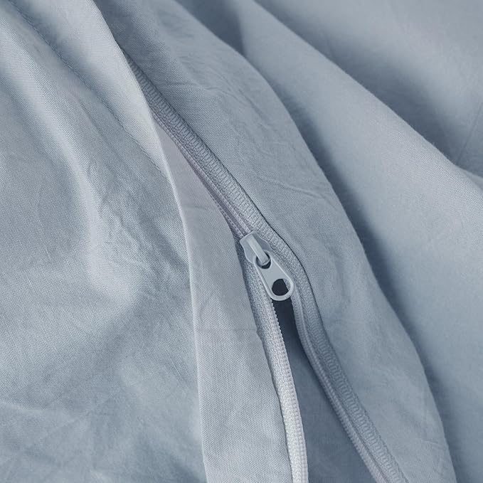 JIYUAN 100% Washed Cotton Duvet Cover Set 3 Pieces Queen, 1 Duvet Cover 90x90 Inches(Comforter Not Included) and 2 Pillowcases,Linen Feel Bedding Set Comfy and Breathable, Heathered Light Blue