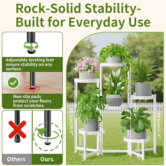 6 Tier Large Plant Stand Indoor with 7.9 Inch Wide Tray, Tiered Corner Metal Outdoor Flower Display Holder Shelf, Foldable Tall Rack for Patio Porch Living Room - WhiteFloroma