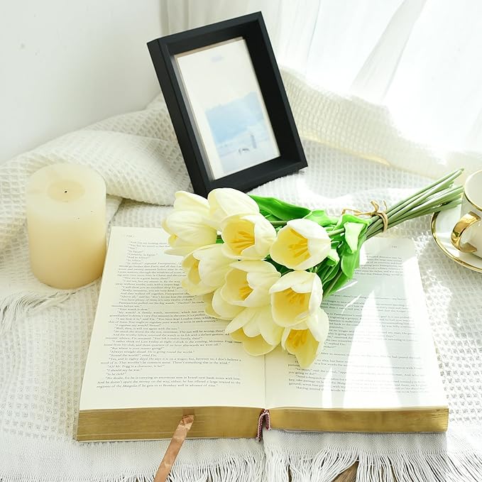 Mandy's Artificial Tulips 12 Stems Cream Partially Open PU Faux Flowers for Wedding Home Decor 13.5 Inch