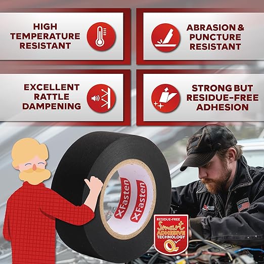 XFasten Wire Harness Tape, 3/4-Inch x 50 Feet (10-Pack), High Temp Wiring Loom Harness, Self-Adhesive Felt Cloth Electrical Tape for Automotive Engines, Noise Dampening, and Cable Protection