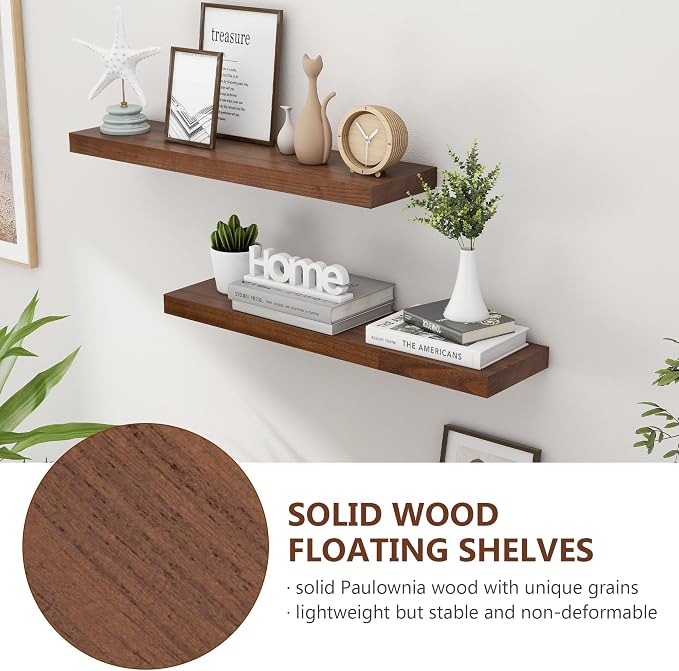 fuqing 30 Inch Floating Shelves for Wall Set of 2, Rustic Wood Wall Shelves for Living Room Bedroom Bathroom Home Office - Walnut