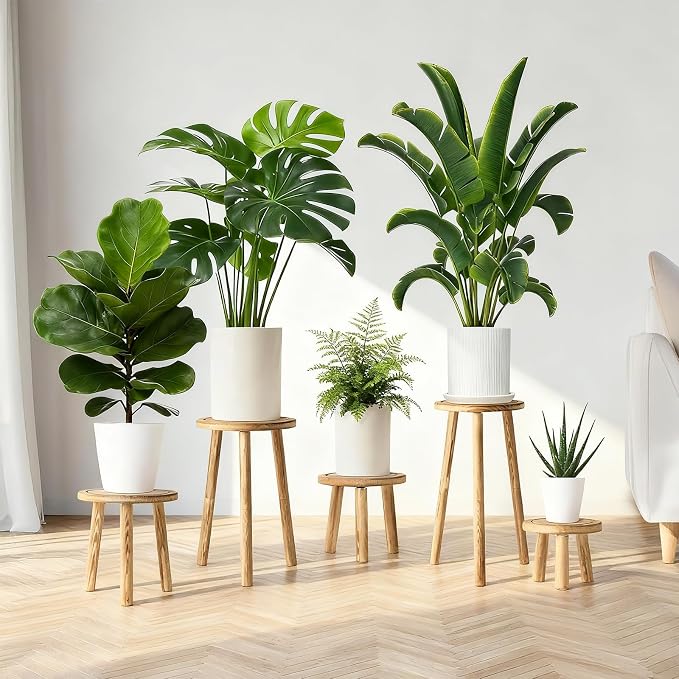 5-Pack Wood Plant Stands Indoor, Single Plant Stand for 6-22 Inch Pots, Mid-Century Modern Plant Stool, Tall Plant Stand for Large Plants Perfect Fit for Living Room, Balcony, Office(Retro White)