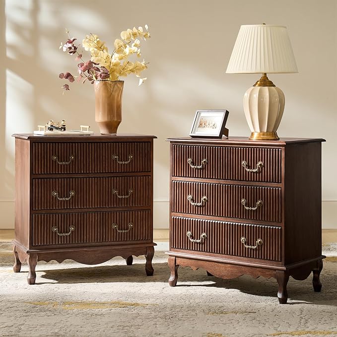 HULALA HOME Transitional Side Table Set of 2 with 3 Drawers and Charging Station, 28" Solid Paulownia Wood Sidetable with Vertical Stripe, Walnut