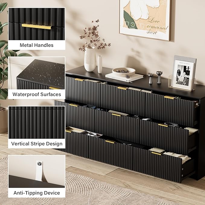 Black Dresser for Bedroom, Modern Dresser with 9 Drawers and Smooth Slides, Wide Chest of Drawers with Golden Handles for Bedroom, Living Room, Closet, 15.7" D x 63" W x 31.5" H
