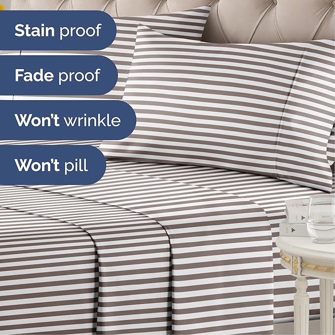 Striped Sheets - Brown Striped Sheets - 1 Flat & 1 Fitted & 2 Pillowcases w/ Deep Pockets – Comfy, Wrinkle & Fade Free - Ultra-Soft, Breathable & Cooling – Luxury Pinstripe Bedding - Full Size Bed Set
