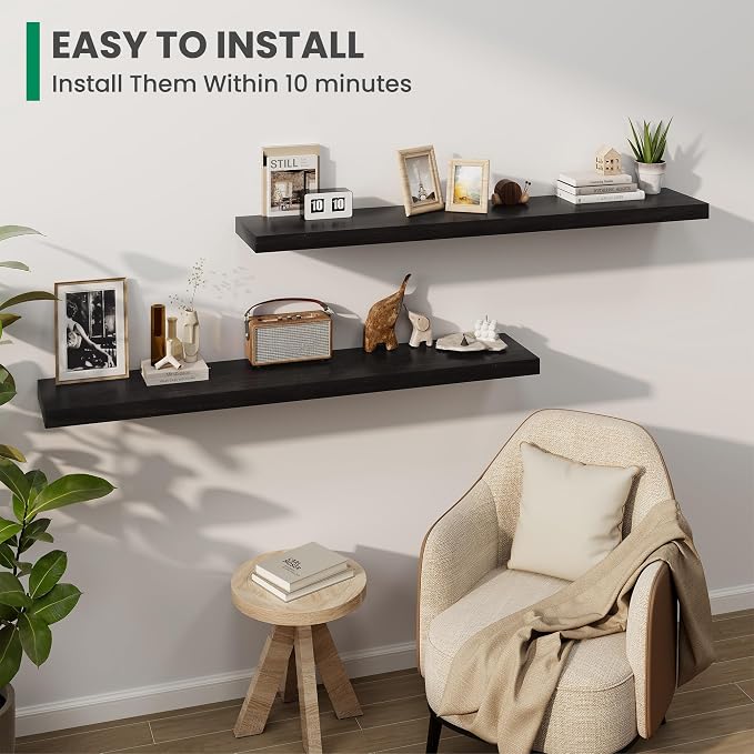 Solid Wood Floating Shelves For Wall, 55”W x 9”D x 1.56”H Large Wall Shelves for Living Room Bedroom Bathroom Kitchen Drcor Storage with Invisible Heavy-Duty Metal Bracket, Carbonized Oak, 2 Pack