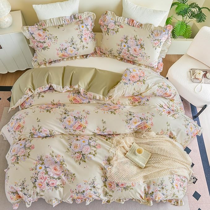 Ruffle Floral Duvet Cover Set 100% Cotton King Size, Shabby Blush Pink Cream Rose Comforter Cover, Satin Weave, Soft & Breathable, French Country Cottagecore Bedding 3Pcs-Not Comforter