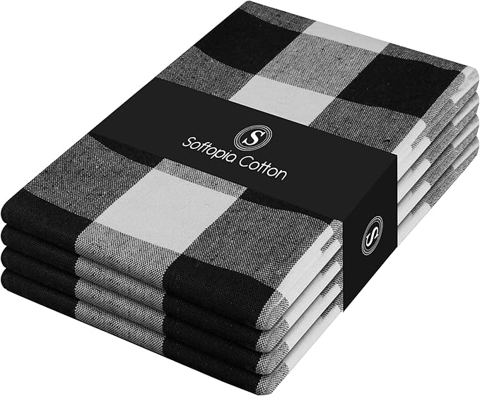 Black Buffalo Plaid Kitchen Dish Towels, 4 Pack, 100% Cotton, 16x26 Inches, Super Absorbent, Quick Dry, Soft, Durable, Dish Drying & Cleaning Towels with Hanging Loop, Black & White