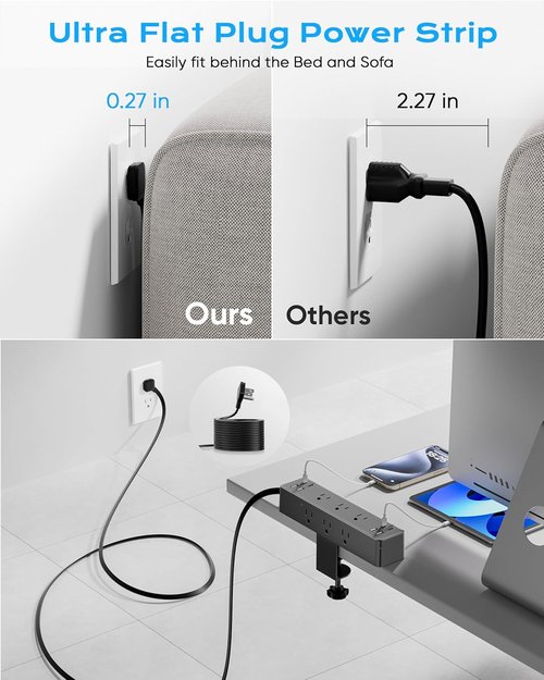 **Skiennix Flat Plug Desk Clamp Power Strip - 15FT Fast Charging Station with 9 AC Outlets & 8 USB Ports**