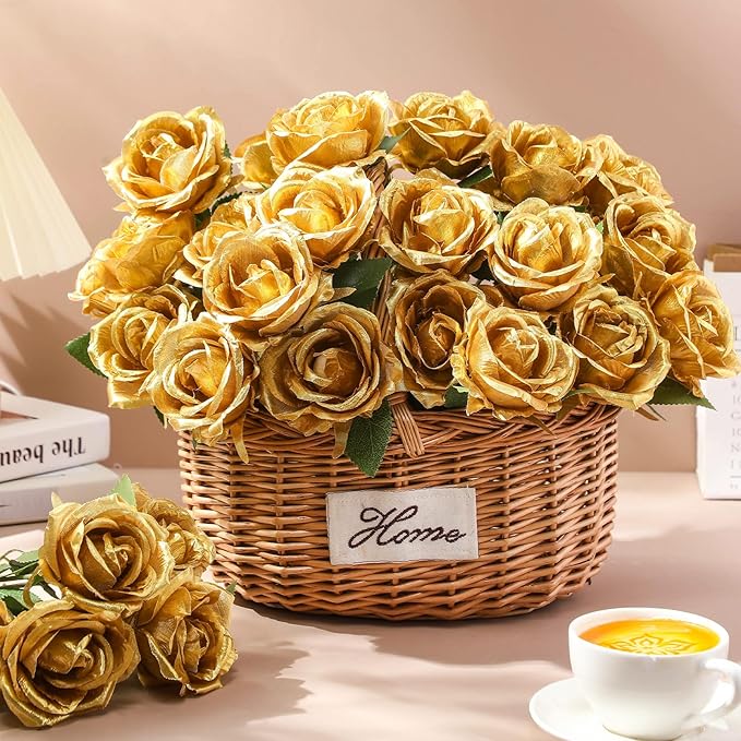 30 Pcs Rose Artificial Flowers in Bulk Real Touch Long Stem Silk Roses Bouquets Realistic Faux Flowers for Wedding Bridal Shower Home Decor Floral Arrangements Table Centerpiece(Gold)