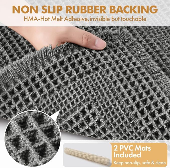 MIULEE Set of 2 Waffle Bathroom Rugs, Boho Bath Rug Super Absorbent, Non Slip Washable Ultra Soft Rubber Backed Shower Bath Mats for Floor, Tub, Shower, Looped Design, Dark Grey, 17"x24"+18"x30"