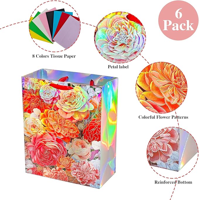 6 Pcs Gift Bags - Assorted Sizes with Tissue Paper for Mother's Day, Birthday and Celebrations (Large Red Peony Floral & Floral Label)