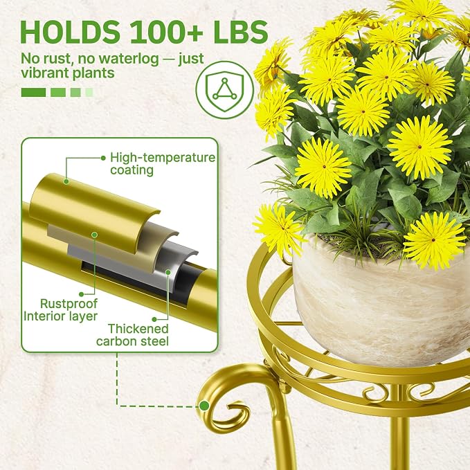 KMOTASUO 3 Tier Metal Plant Stand for Multiple Large Planters Indoor Outdoor Organizer, Heavy Duty Tall Flower Rack for Corner Patio Bathroom Office Corner, Modern Sturdy Vertical Iron Rack, Gold