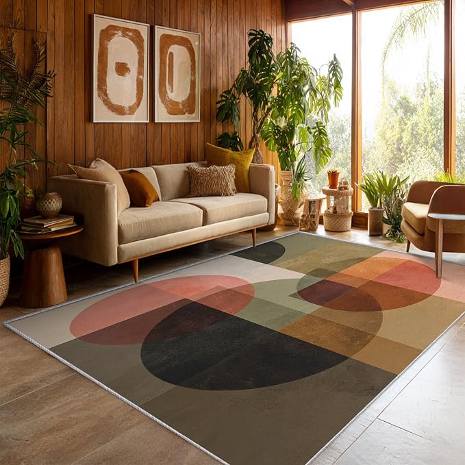 Mid Century Modern Rugs for Home Decor, 4x5 ft, Abstract Geometric Area Rugs for Living Room, Soft Non Slip Washable Retro Geo Circles MCM Carpet Bedroom Decorations D-1g