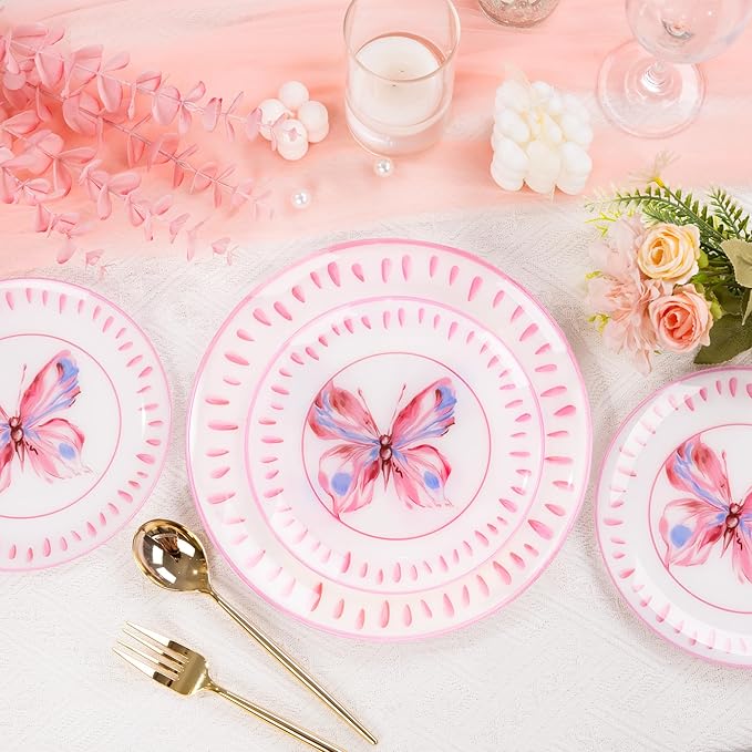 U-QE 20Pcs Pink Plastic Plates for Party - Pink Butterfly Plates Disposable Heavy Duty includes 7.5" Dessert & 10.25" Dinner Plates, Ideal Suitable for Baby Shower, Garden Gathering and Themed Event