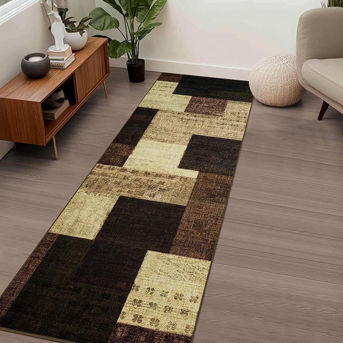 Modern Geometric Patchwork Indoor Runner Rug for Living Room, Warm Taupe 2.7'x 10' Rug Rockwood Collection Hardwood Floors Decor for Bedroom, Taupe Throw Carpet for Office Entryway Dining Room