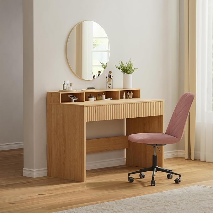 47" Executive Desk with Fluted Drawer, Modern Home Office Desk with Long Monitor Stand and 2 Drawers, Computer Writing Desk for Study Office Vanity, Nautral Oak