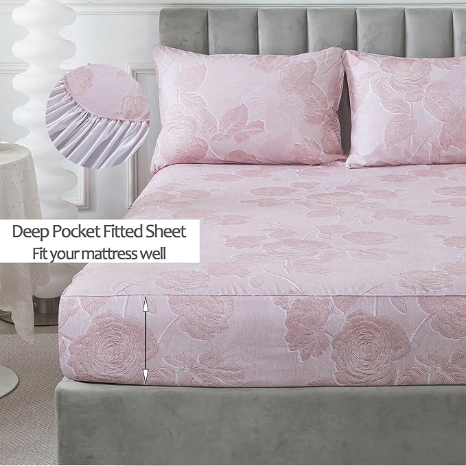 FADFAY Pink Vintage Floral Queen Size Sheets Set 100% Brushed Cotton Shabby Rose Flower Pattern Bedding Set Deep Pocket Sheets with 2 Pillowcases Luxury Breathable Soft 4pcs, Queen Size