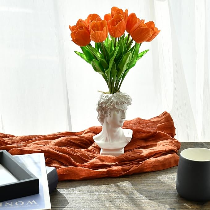 Mandy's Artificial Tulips 12 Stems Orange Partially Open PU Faux Flowers for Wedding Home Decor 13.5 Inch