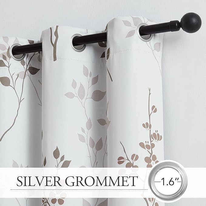 Beauoop Floral 100% Blackout Curtains 108 Inches Long 2 Panels for Bedroom Living Room Tan Brown and White Flower Patterned Room Darkening Thermal Soundproof Grommet Window Treatments Drapes, 52X108