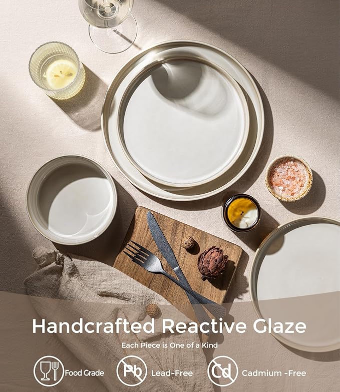 GBHOME 12-Piece Stoneware Dinnerware Set for 4 – Ribbed Ceramic Plates and Bowls, Scratch-Resistant, Microwave & Dishwasher Safe, Reactive Glaze, Oatmeal Veil