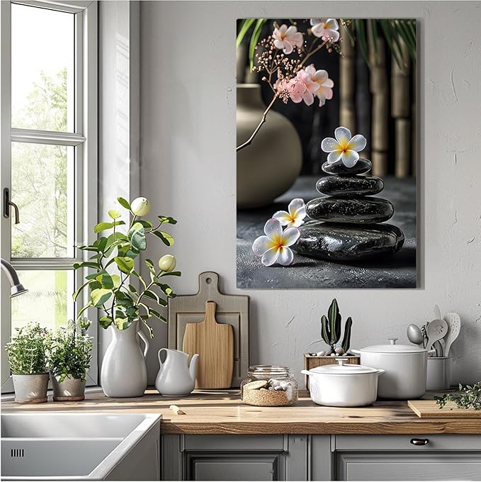 A harmonious black stone stack paired with white and pink flowers bamboo and ceramic vases creates a tranquil Zen decor for minimalist homes and mindful spaces 28x40in Wood Framed