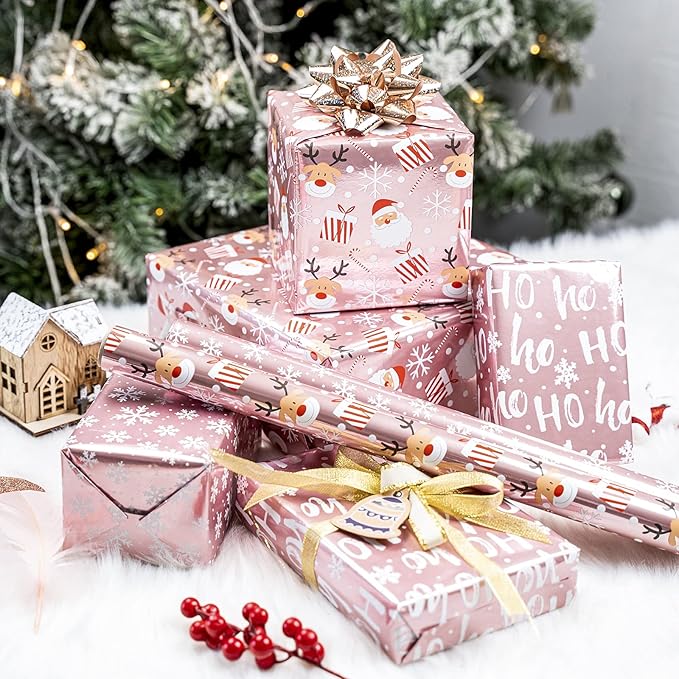 LeZakaa Christmas Wrapping Paper Mini Roll, Pink Metallic Foil Shine Paper - Snowflakes/Santa Claus/HO Print for Gift Wrap, Arts Crafts - 17 x 120 inches - 3 Rolls (42.5 sq.ft.ttl.)
