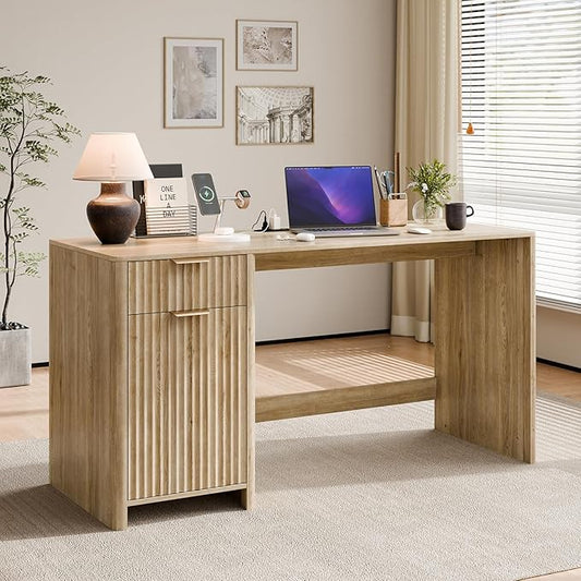 58" Fluted Home Office Desks with Storage, Modern Executive Desk Computer Desk with Drawer & Cabinet, Wood Work Desk for Office, Bedroom, Study, Living Room, Oak