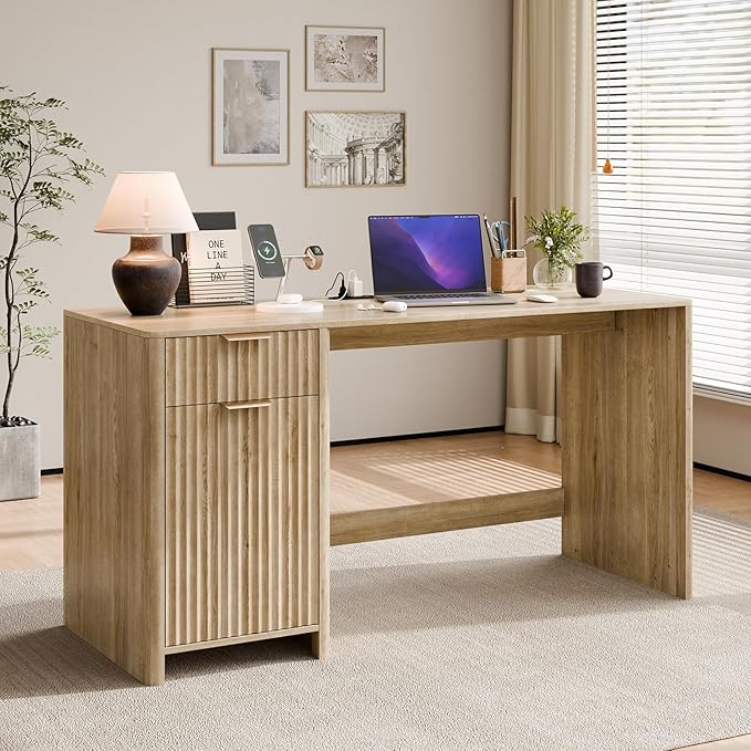 60" Fluted Home Office Desks with Storage, Modern Executive Desk Computer Desk with Drawer & Cabinet, Wood Work Desk for Office, Bedroom, Study, Living Room, Oak
