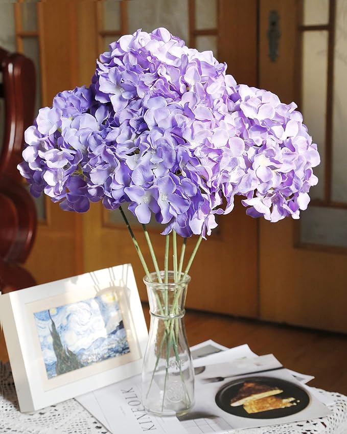 DuHouse Silk Hydrangea Artificial Flowers Heads with Stems for Wedding Home Decor Pack of 6 (Purple)