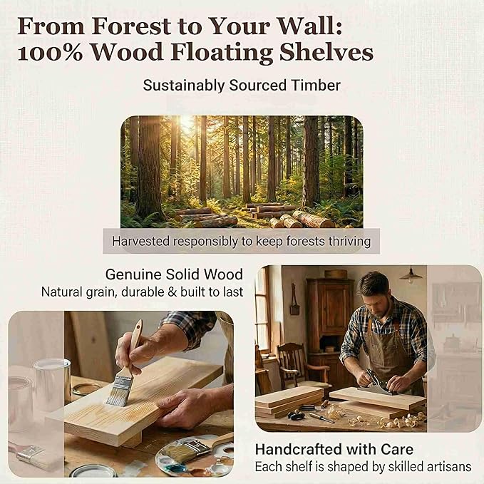 SAUMONIERES Floating Shelves Wall Shelf Solid Wood for Bathroom Bedroom Kitchen Storage Set of 3, Walnut Wall Shelves