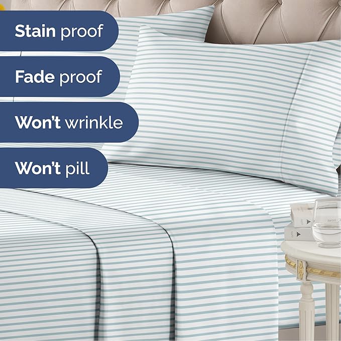 Striped Sheets - Blue & White Striped Sheets - 1 Flat & 1 Fitted & 1 Pillowcase w/ Deep Pockets – Wrinkle & Fade Resistant - Soft, Breathable & Cooling - Luxury Pinstripe Bedding - Twin Size Bed Set