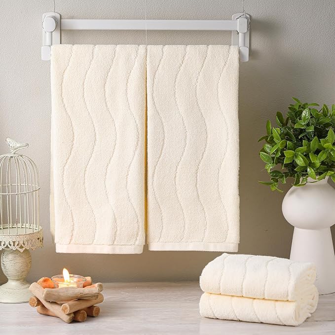 VitalCozy 4 Pcs Cream Color Hand Towels for Bathroom Wavy Striped Jacquard Decorative Towels 14x29 Inch 100% Cotton Soft Absorbent Boho Bathroom Decor for Kitchen Gift for Festival