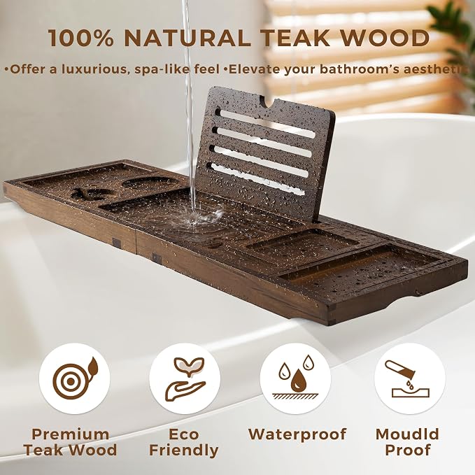 Teak Bathtub Tray, Wooden Tray Caddy for Bathtub, Luxury Bathroom Trays for Home Spa Relaxation, Teak Bathtub Caddy as Housewarming, Wedding Gifts for Women (Walnut Teak)
