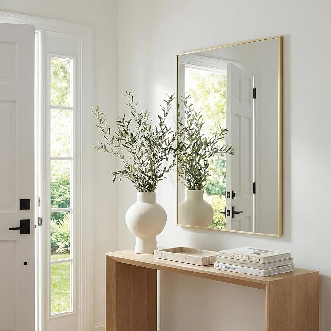 30"x36" Gold Bathroom Mirror for Wall, Shatterproof Tempered Glass, Brass Tone Rectangle Narrow Frame, H/V Wall-Mounted, Ultra-Flush