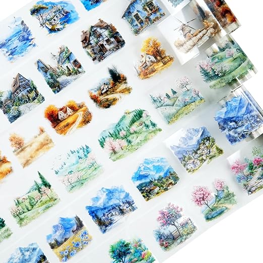 AuriicLeaf Four Seasons PET Tape Set, 6 Rolls Pre-Cut Scenic Landscape Stickers for Scrapbooking, Journaling, DIY Crafts, and Gift Wrapping