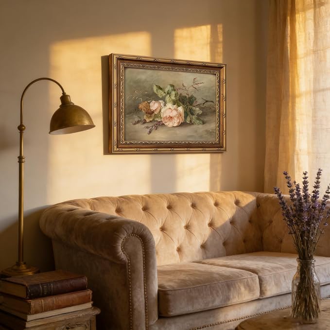 Vintage Gold Framed Flower Still Life Wall Art Retro Rose and Wildflower Wall Decor Pink Floral Print artwork Farmhouse Country Flower painting Picture for Gallery Kitchen Living Room Bedroom 9X11in