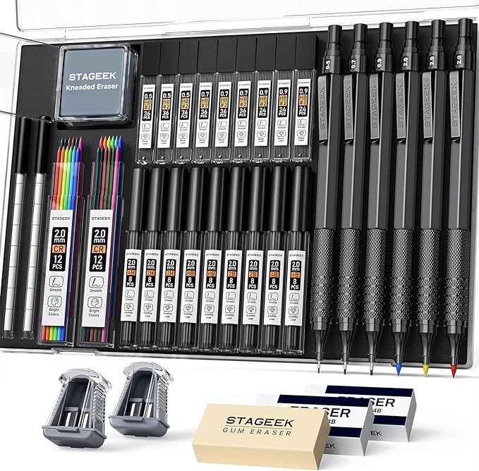 STAGEEK 35PCS Black Art Mechanical Pencil Set in Case，0.5 0.7 0.9 2.0 Graphite Metal Drawing Drafting Pencils, Sharpener Erasers 384PCS Lead Refills (6B 4B 2B HB 2H 4H Colors) for Writing Sketching