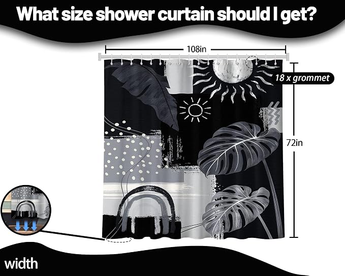 Extra Long Shower Curtain Extra Tall Black and Gray XL Black and Grey Abstract Shower Curtains for Large Bathroom Decor Sets, Waterproof Cloth Fabric with Hooks, 108x72 Inch